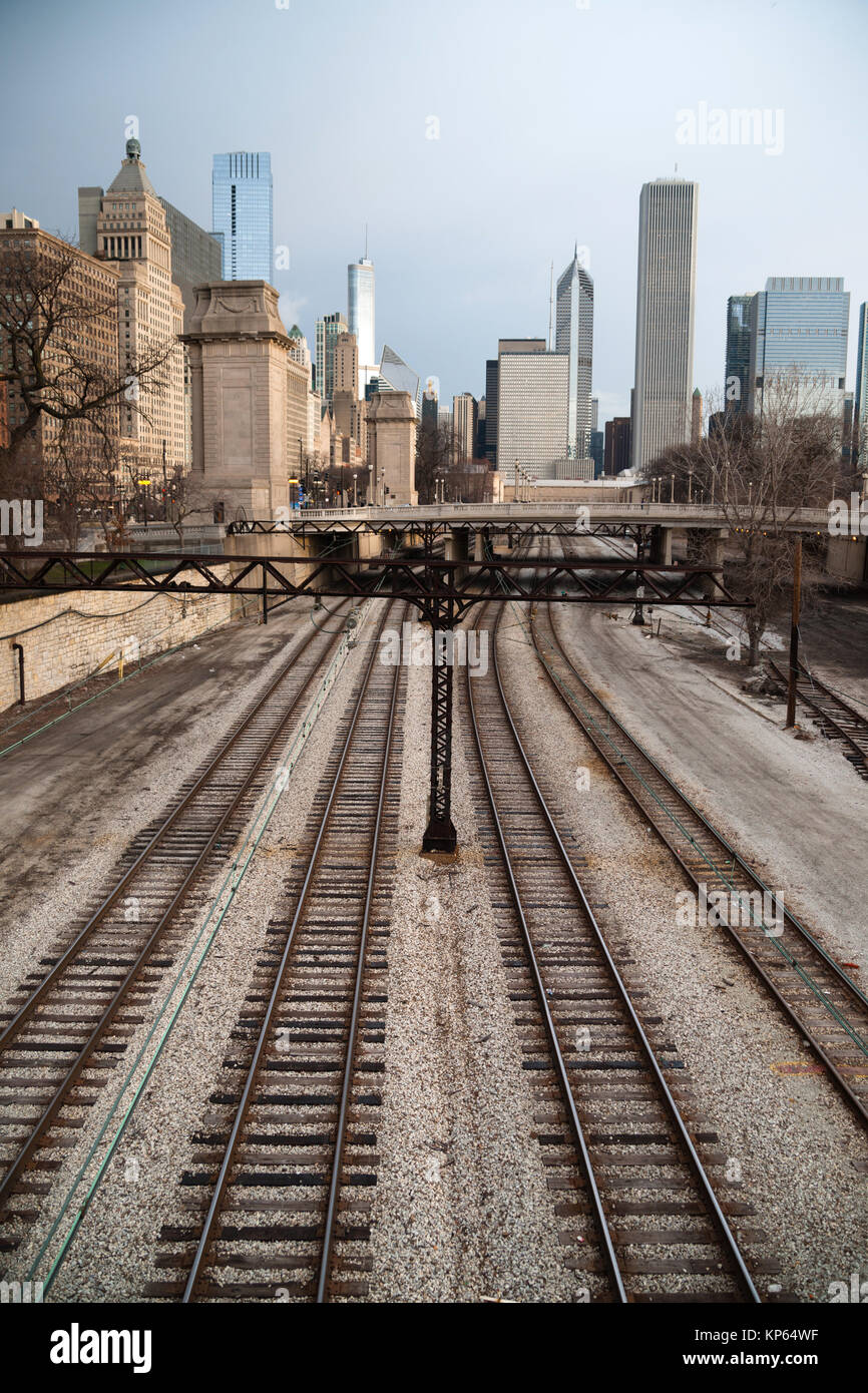 Train Tracks Downtown City Skyline Chicago Metro Stock Photo