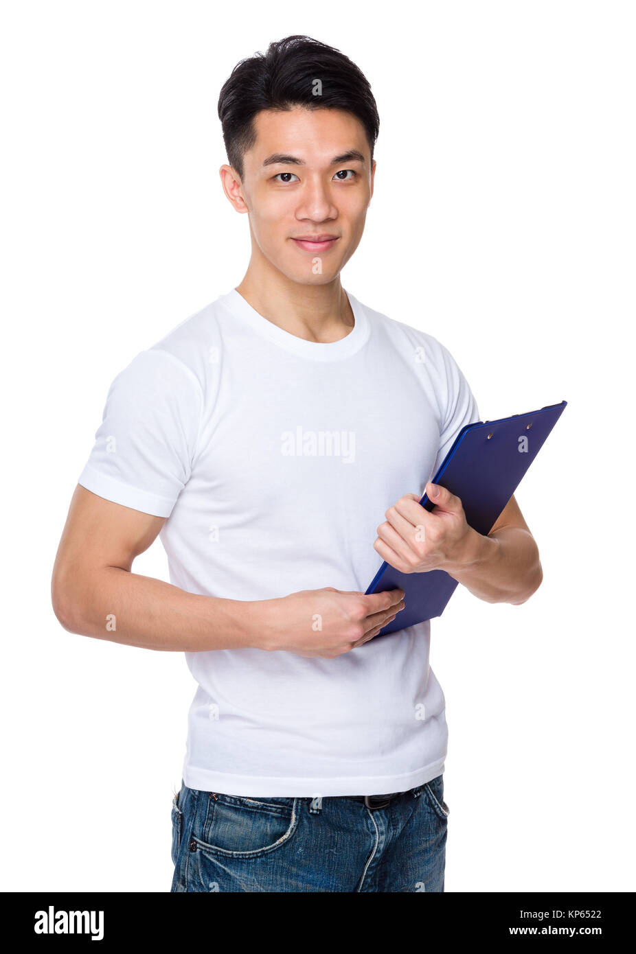 Asian man holding with clipboard Stock Photo - Alamy