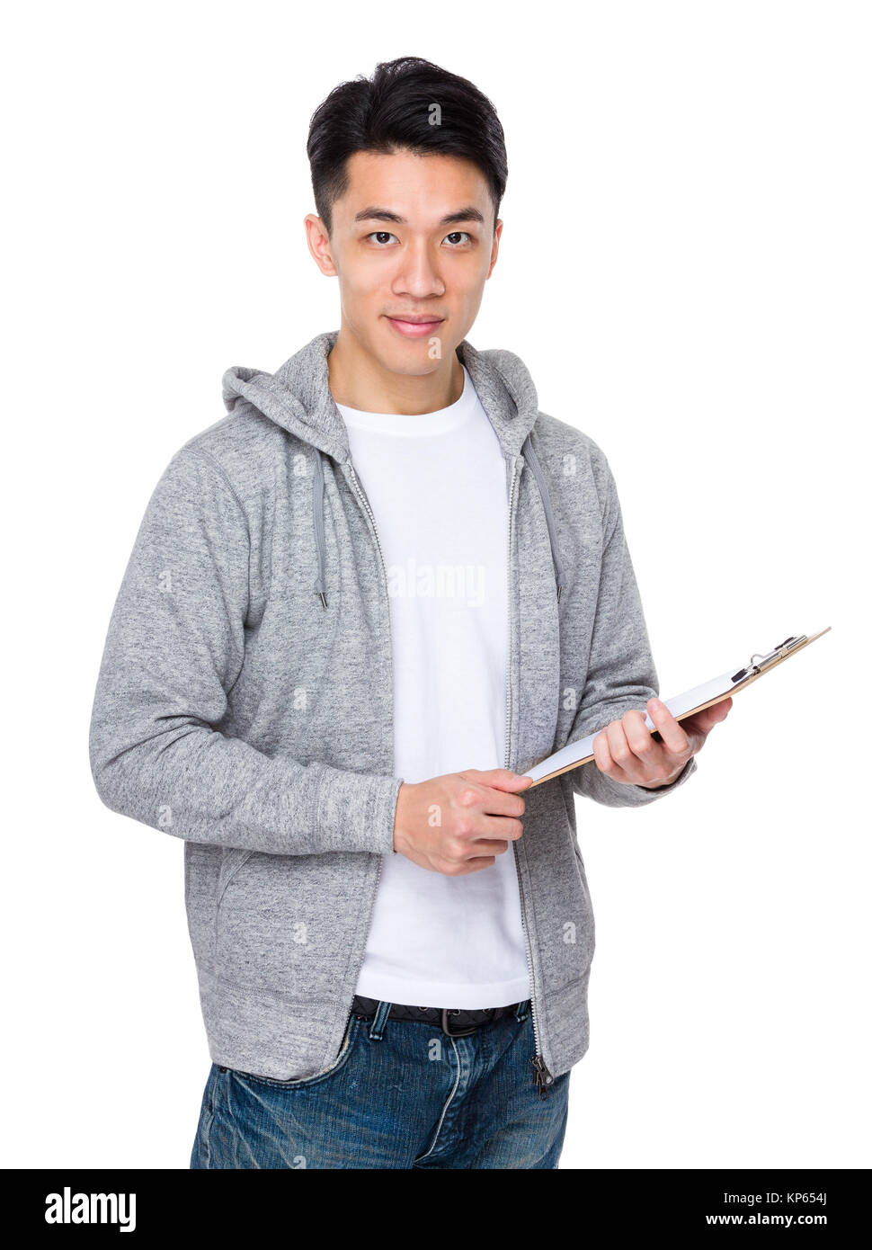 Asian man hold with clipboard Stock Photo - Alamy
