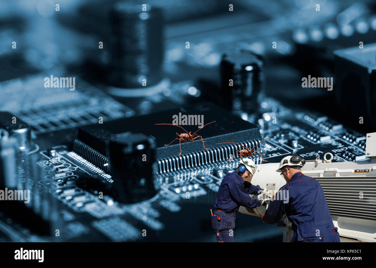 technicians fighting computer bugs Stock Photo