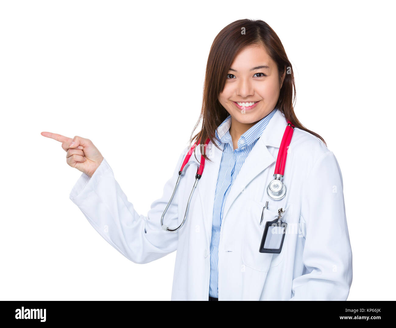 Doctor woman with finger point aside Stock Photo - Alamy