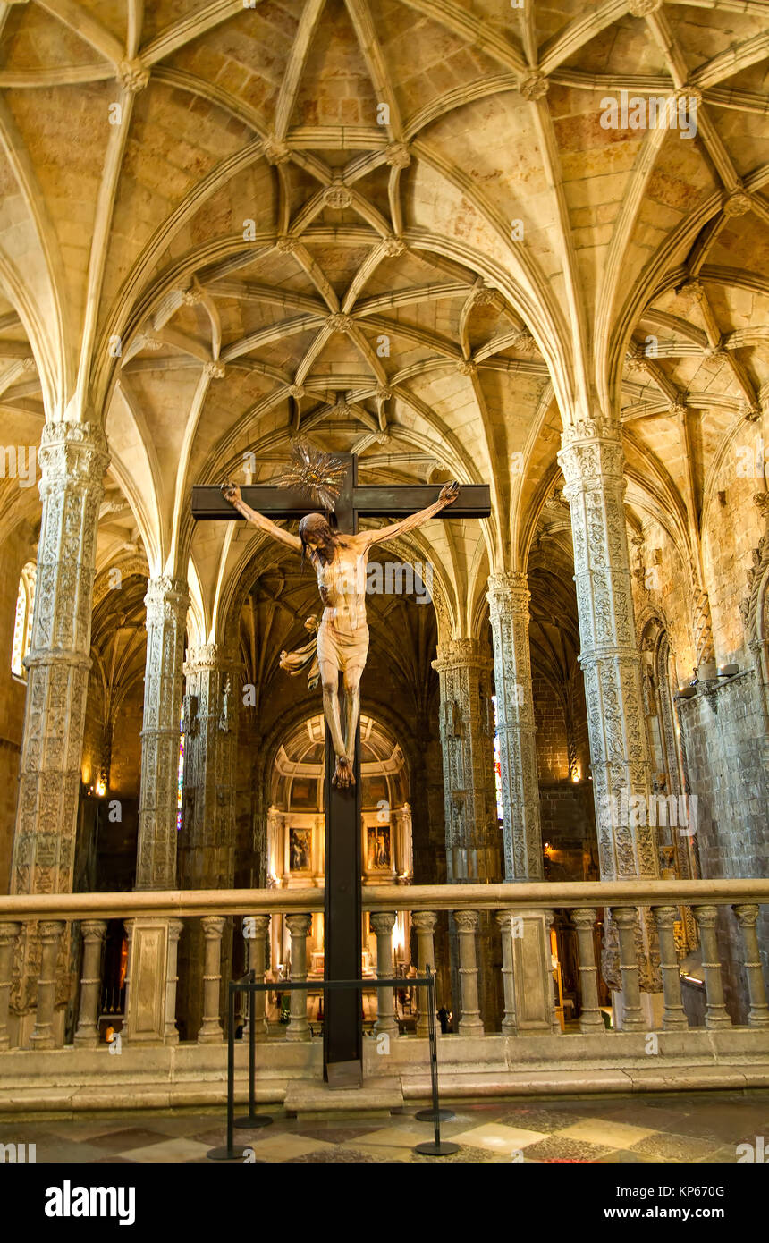Crucifix in the church of Santa Maria in Jeronimos Monastery, Lisbon., Portugal. Stock Photo