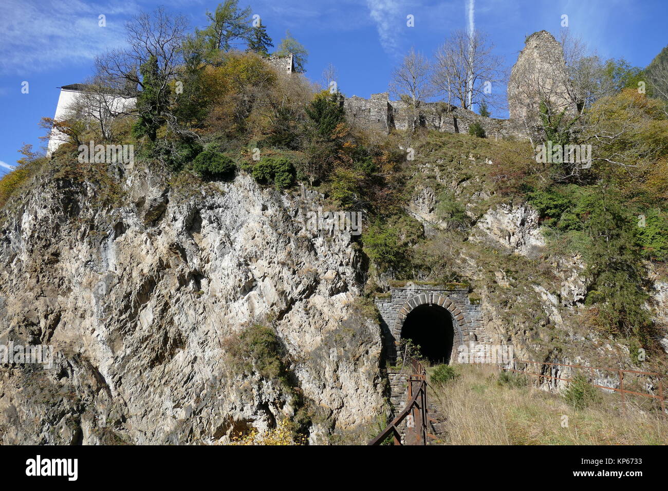 ruin oberfalkenstein with old tauern railway tunnel Stock Photo