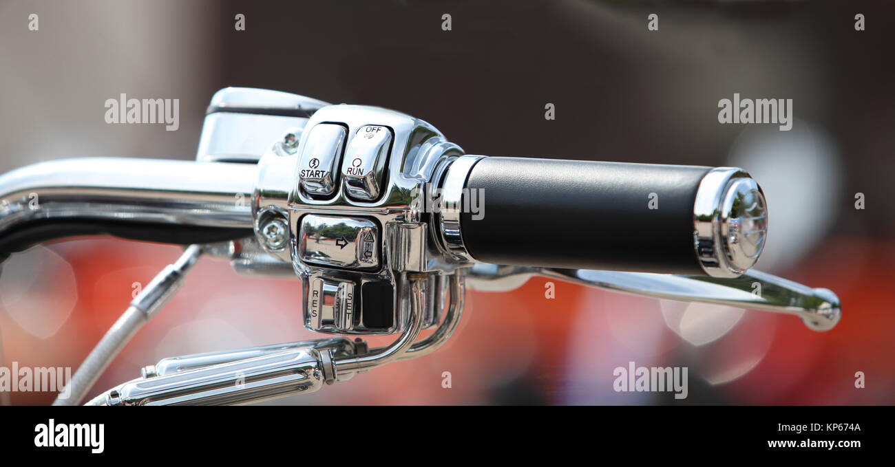 Steering wheel motorcycle throttle control lever close up Stock Photo