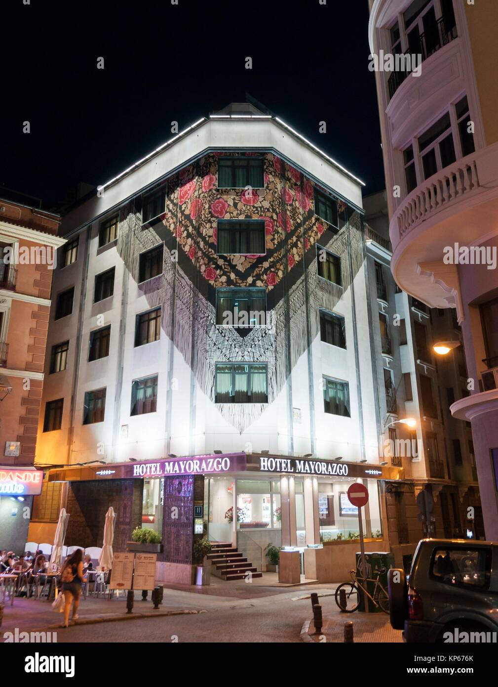 Mantón de Manila (Manila shawl) in hotel facade near Gran Vía. Madrid. Spain. Stock Photo