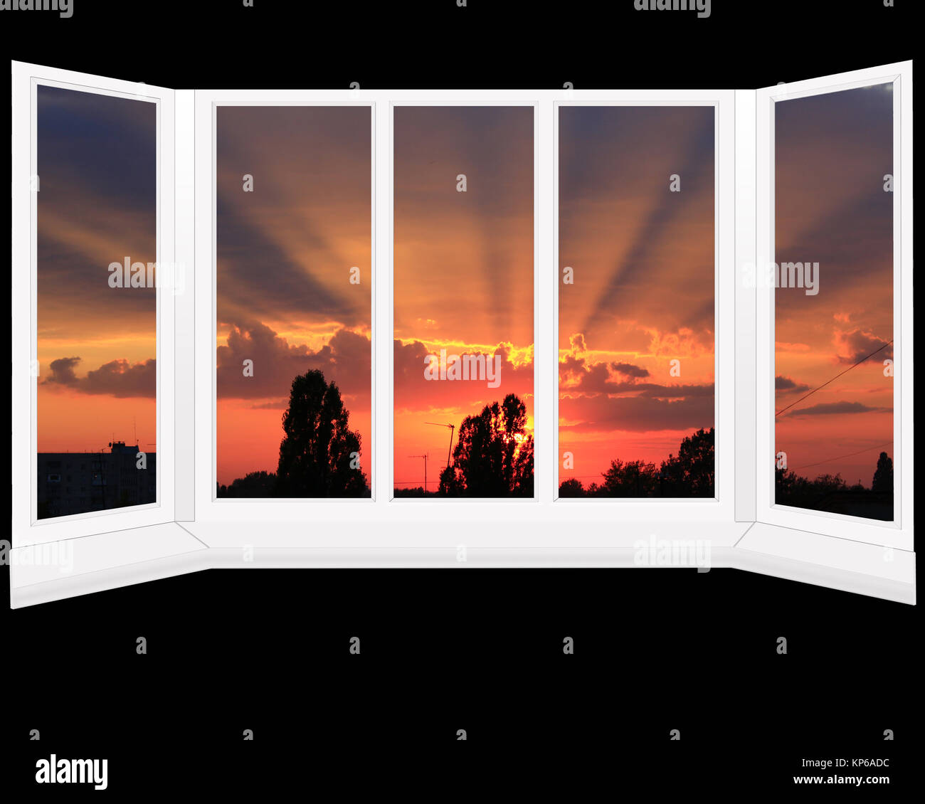 big plastic windows with beautiful sunset beyond it Stock Photo Alamy