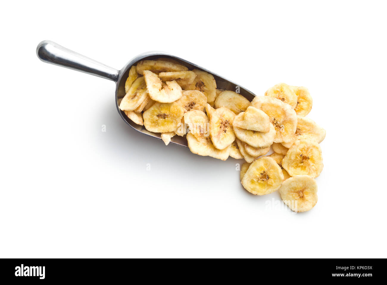 Dried banana chips in scoop isolated on white background Stock Photo