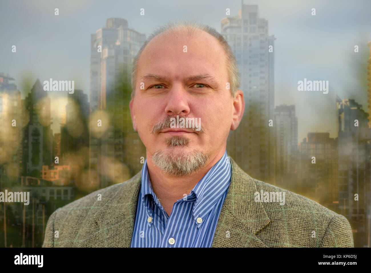 A Man In A Jacket With A Mustache And Beard Looking Through The Window High rise Buildings In 