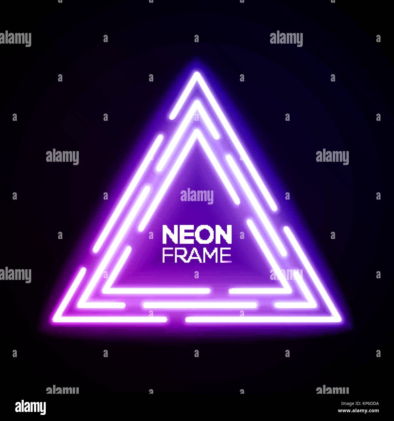Purple neon light triangles. Shining techno frame. Night club electric bright 3d sign. Banner design on dark blue backdrop. Neon abstract tech background with glow. Technology vector illustration. Stock Vector
