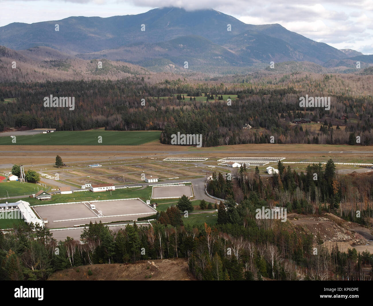 Outside Lake Placid, New York with Whiteface Mountain in the distance, aerial view Stock Photo