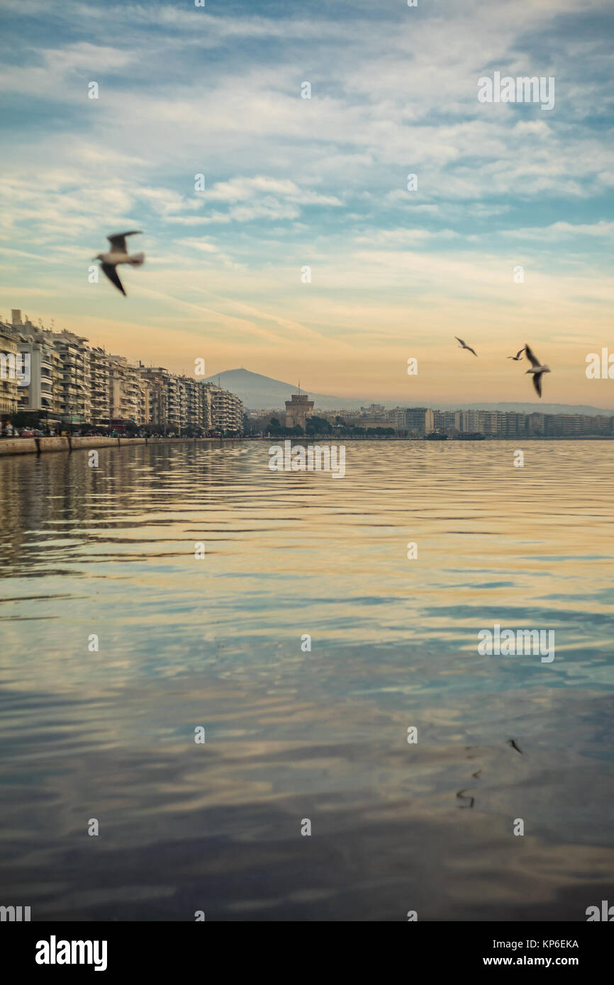Thessaloniki Port View, using tilt and shif lens, Golden Hour Stock Photo