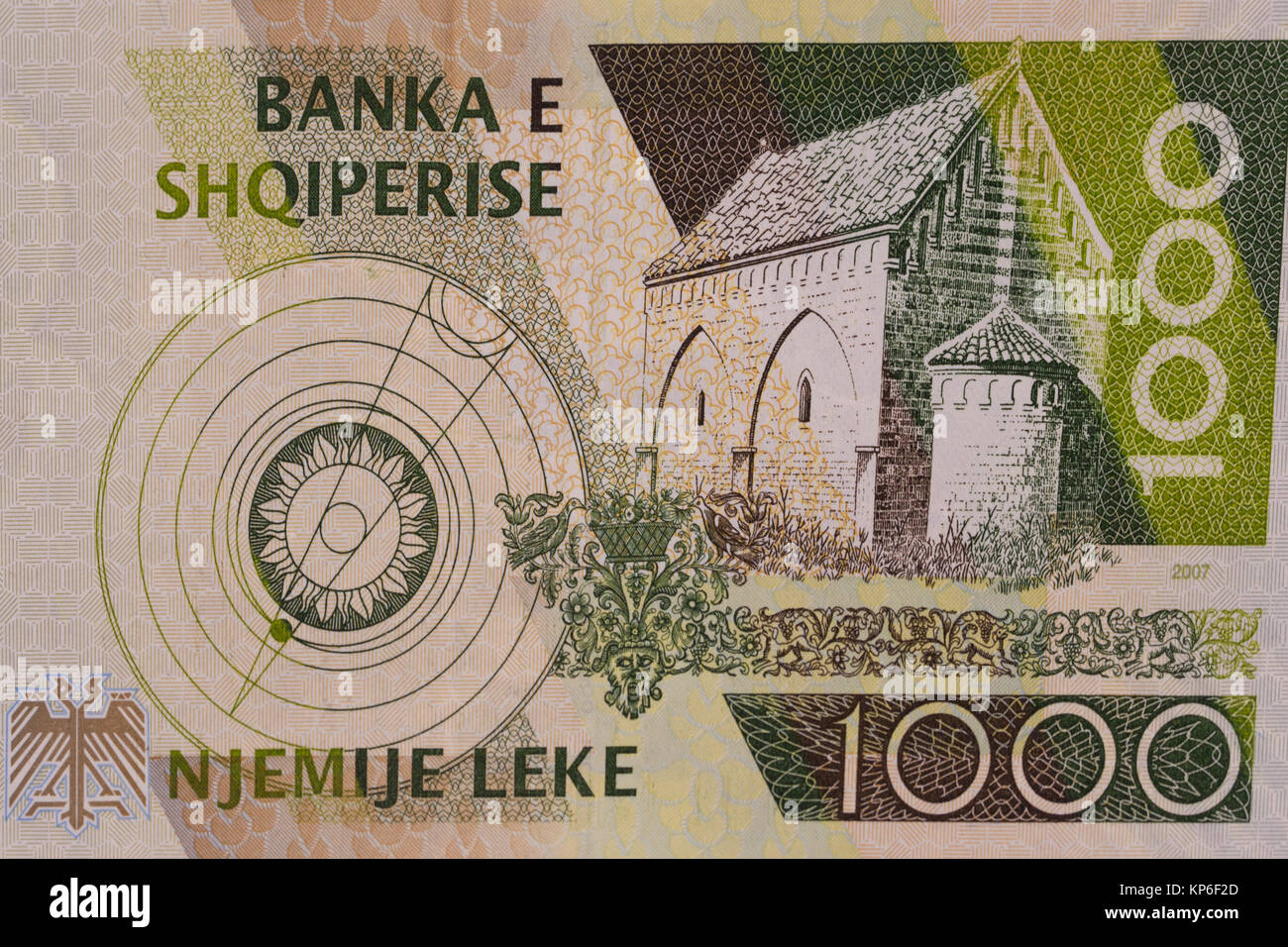 Reverse of Albanian currency one thousand 1000 Lek banknote Stock Photo
