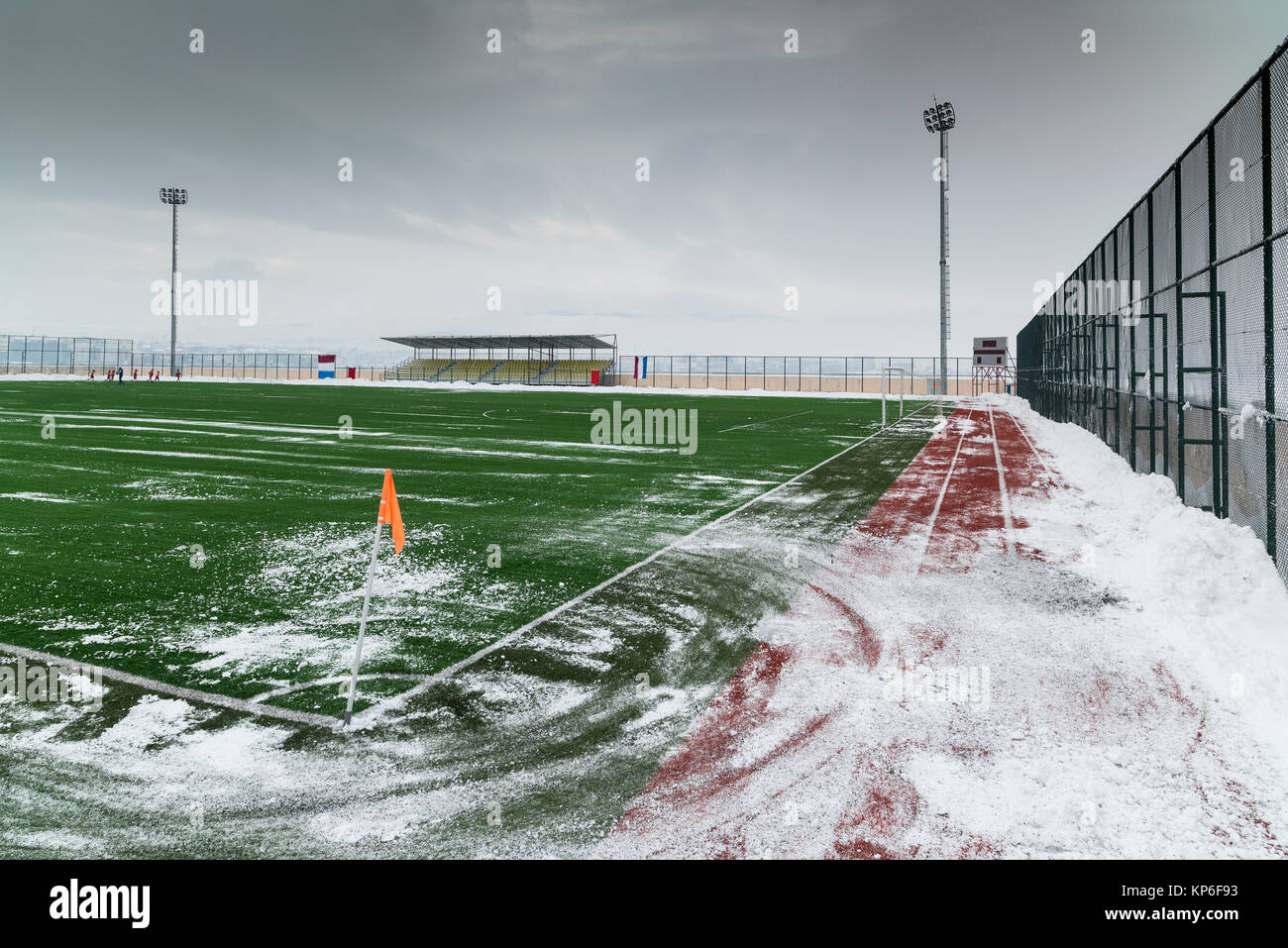 Falling Snow On Football Field Stock Photo Alamy