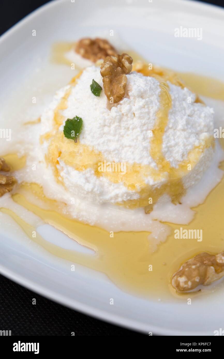 Cottage cheese with nuts and honey Mel y mato in Catalonia Spain Stock