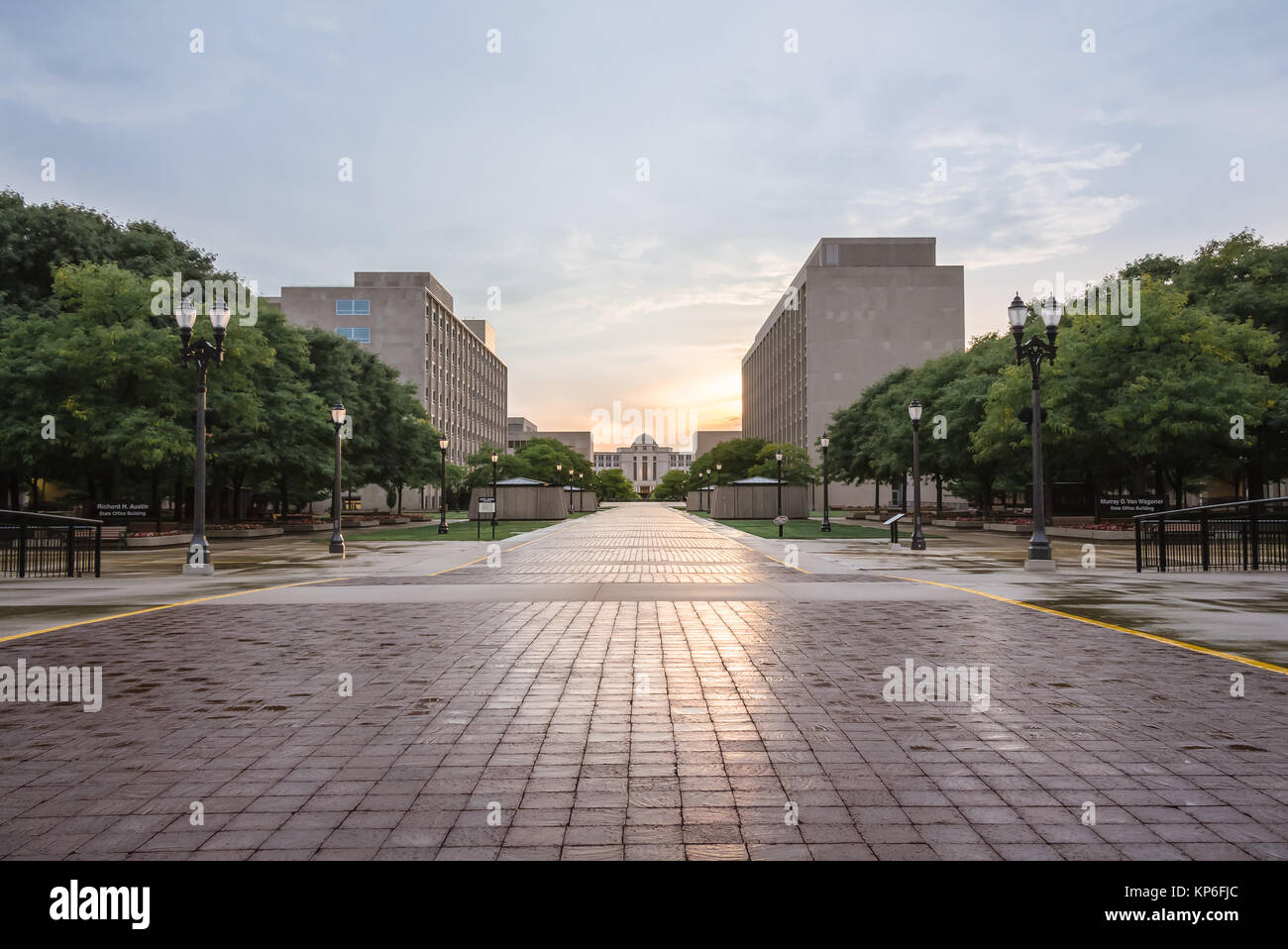Lansing Michigan supreme court at sunset with a reflection through the
