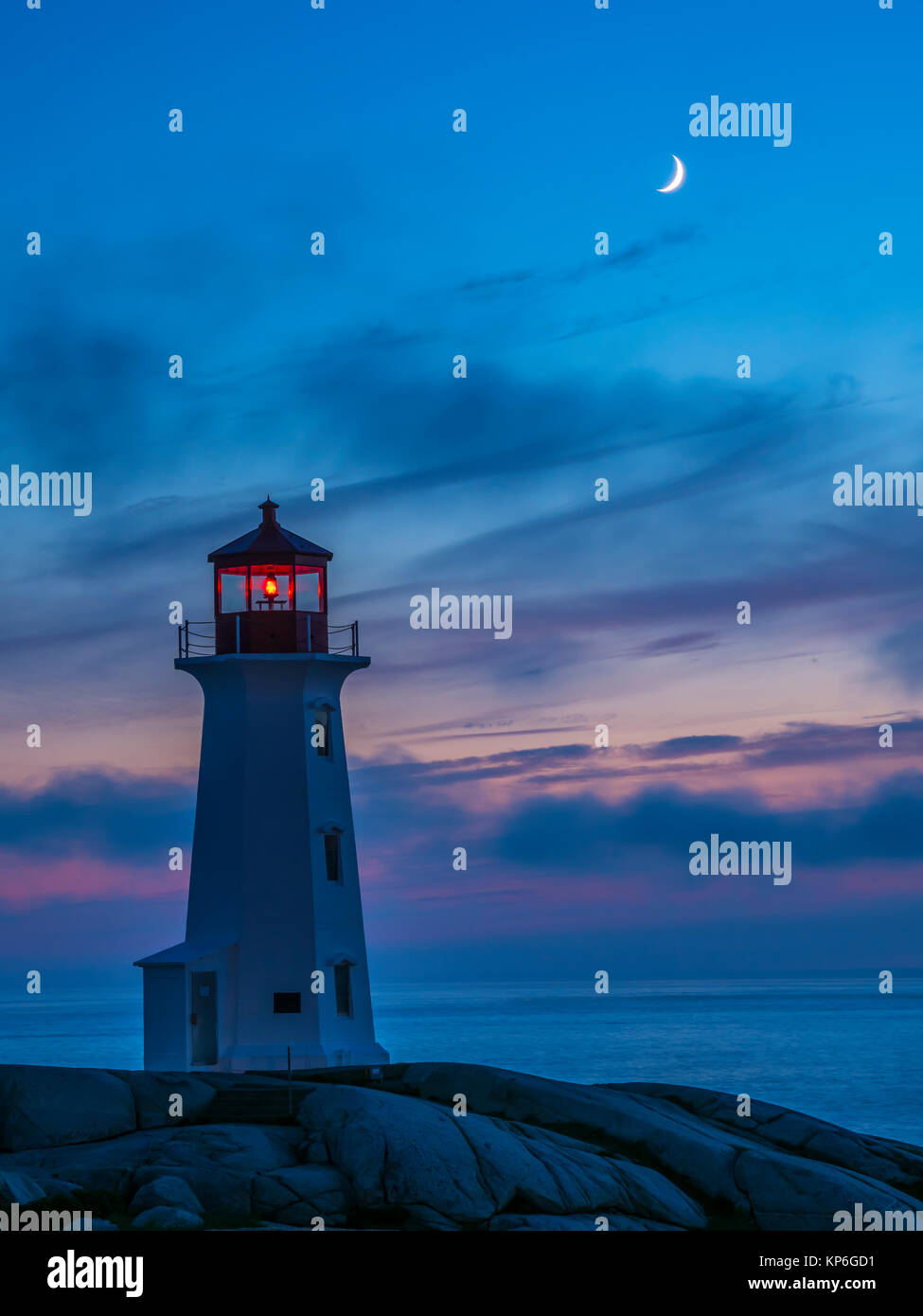 Sunset, Peggy's Cove Lighthouse, Peggy's Cove, Nova Scotia, Canada. Stock Photo