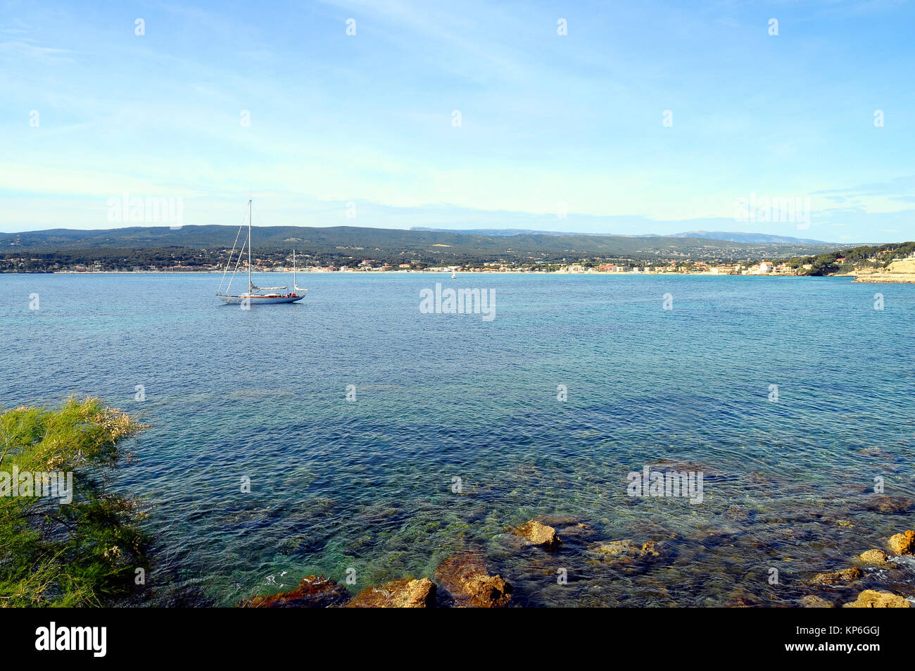 Sea landscape in La Madrague, near bandol and st-cyr, sailboat and quiet blue mediterranean sea, french riviera Stock Photo