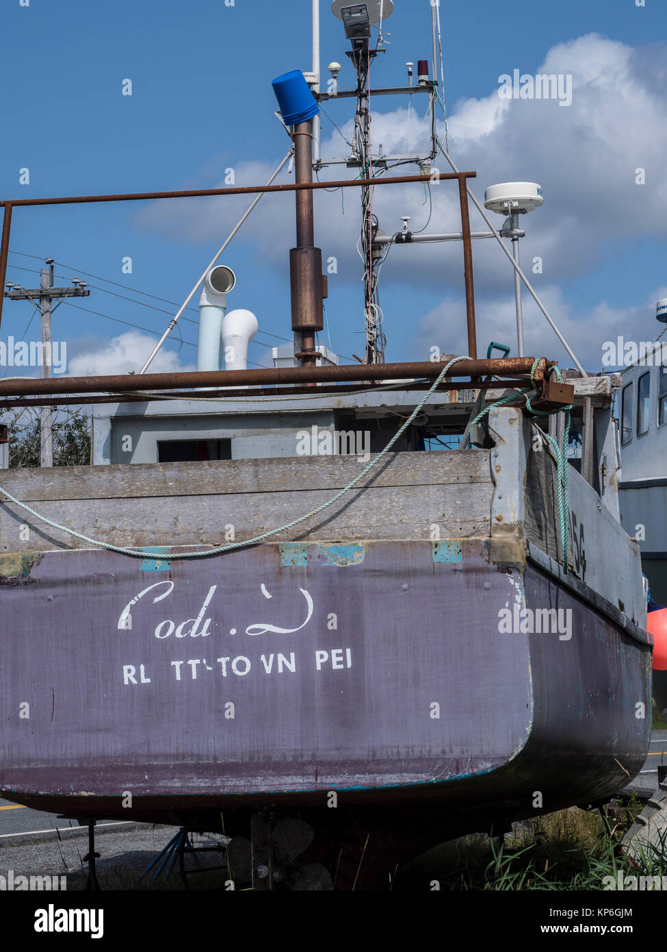 Boat in dry dock, Marie Joseph, Nova Scotia, Canada. Stock Photo