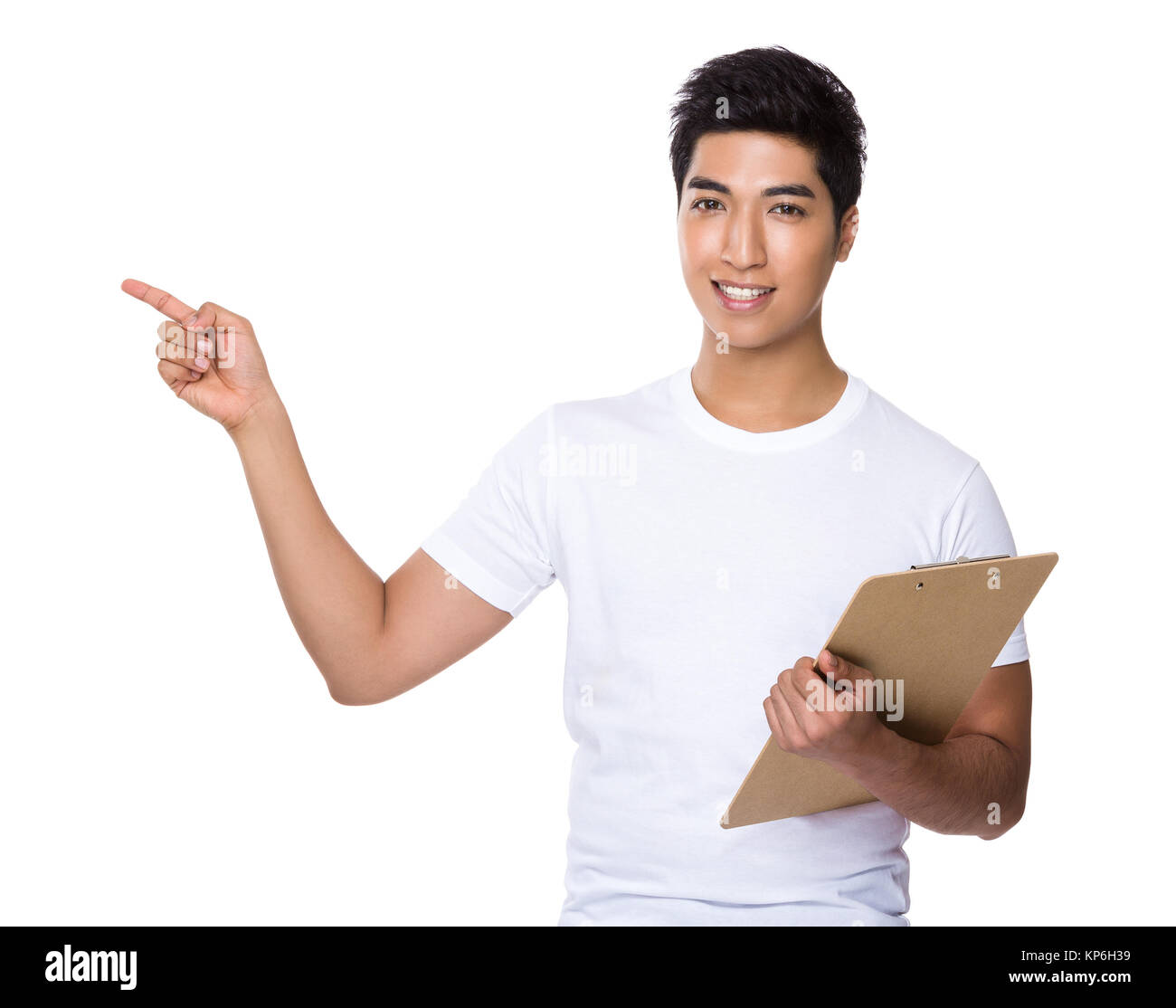 Asian Man hold with clipboard and finger point up Stock Photo - Alamy