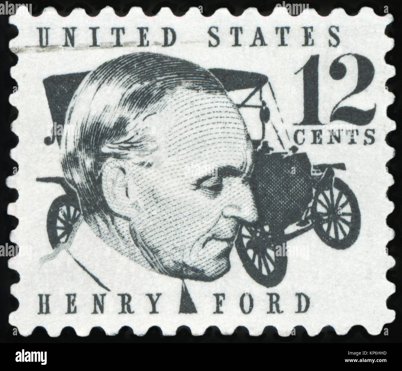 UNITED STATES OF AMERICA - CIRCA 1968: A stamp printed in USA shows Henry Ford (1863-1947) and car Ford Model T from 1909, circa 1968 Stock Photo