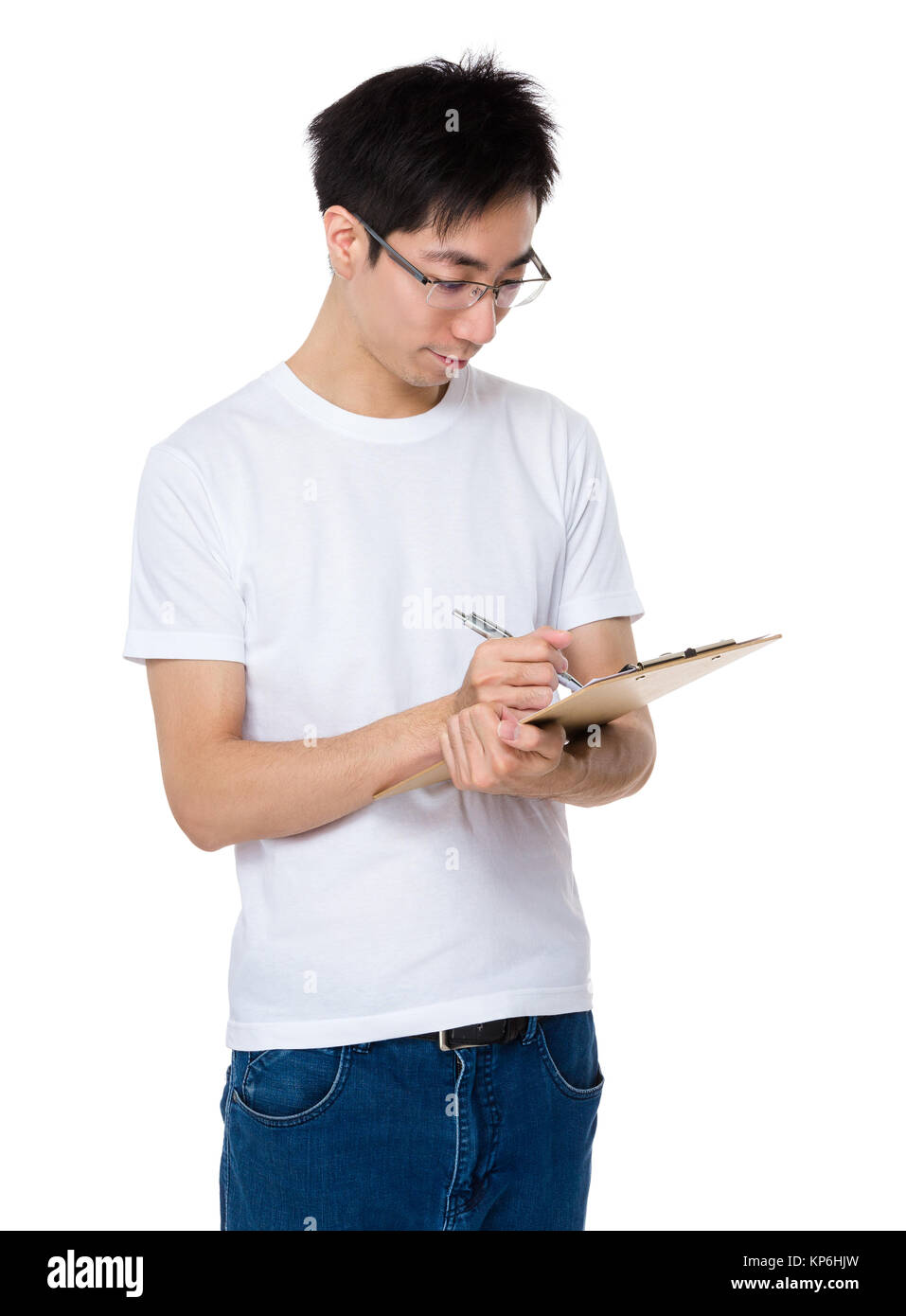 Man write on clipboard Stock Photo - Alamy