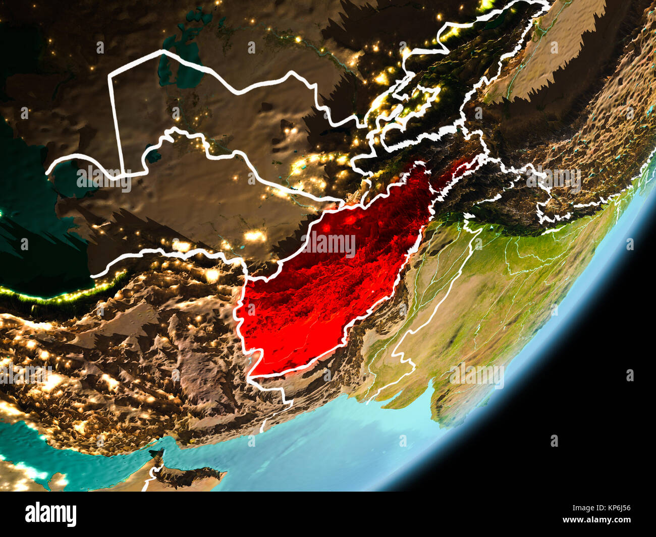 Afghanistan in early morning light highlighted in red on Earth