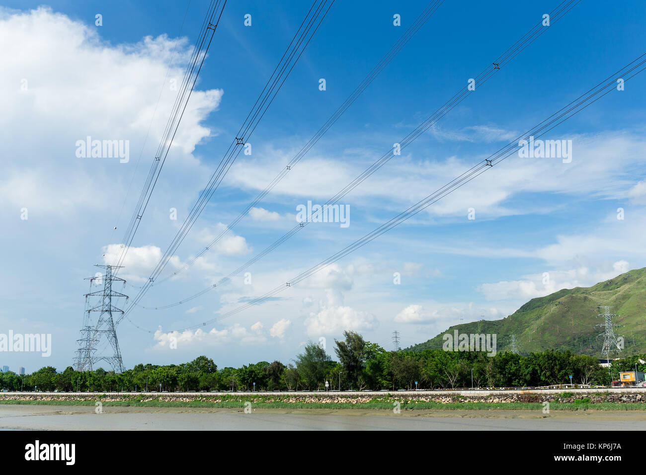 High voltage towers with sky background Stock Photo - Alamy