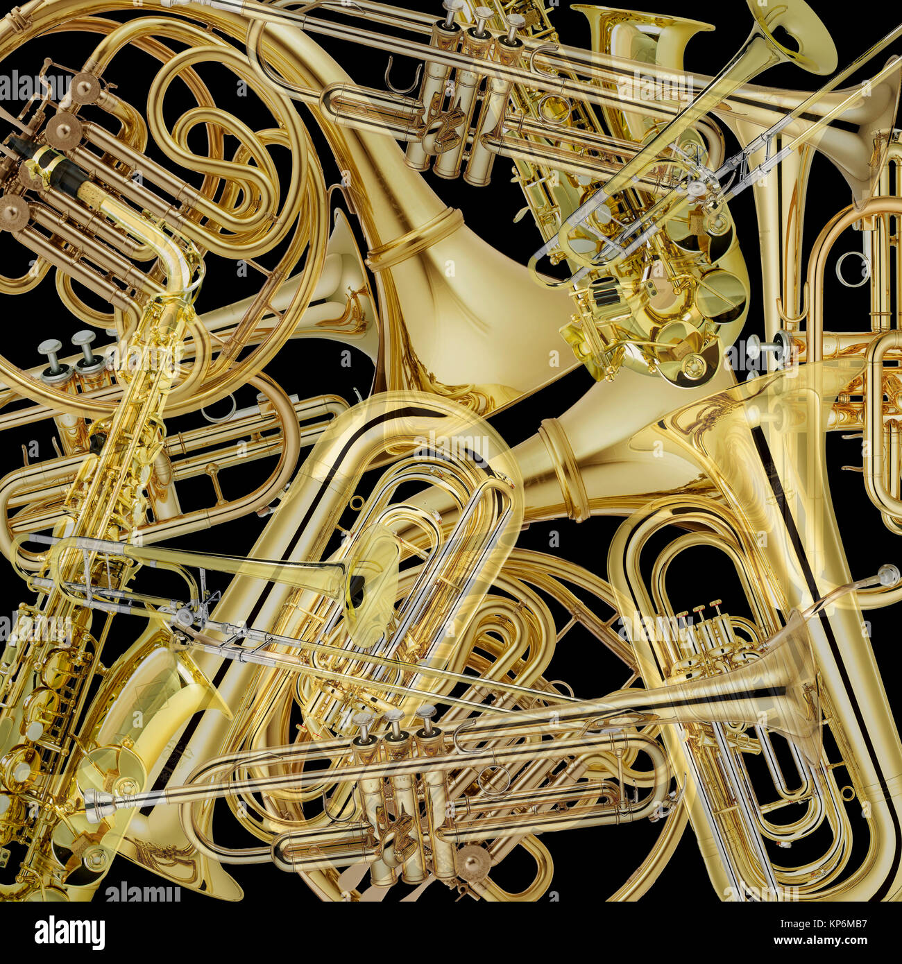 Montage of brass musical instruments Stock Photo Alamy