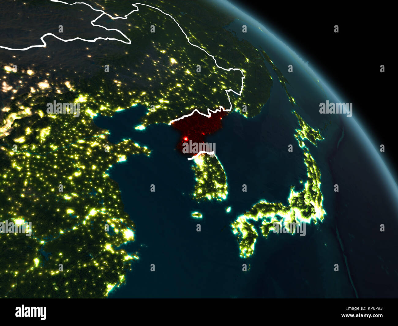 North Korea from orbit of Earth at night with visible