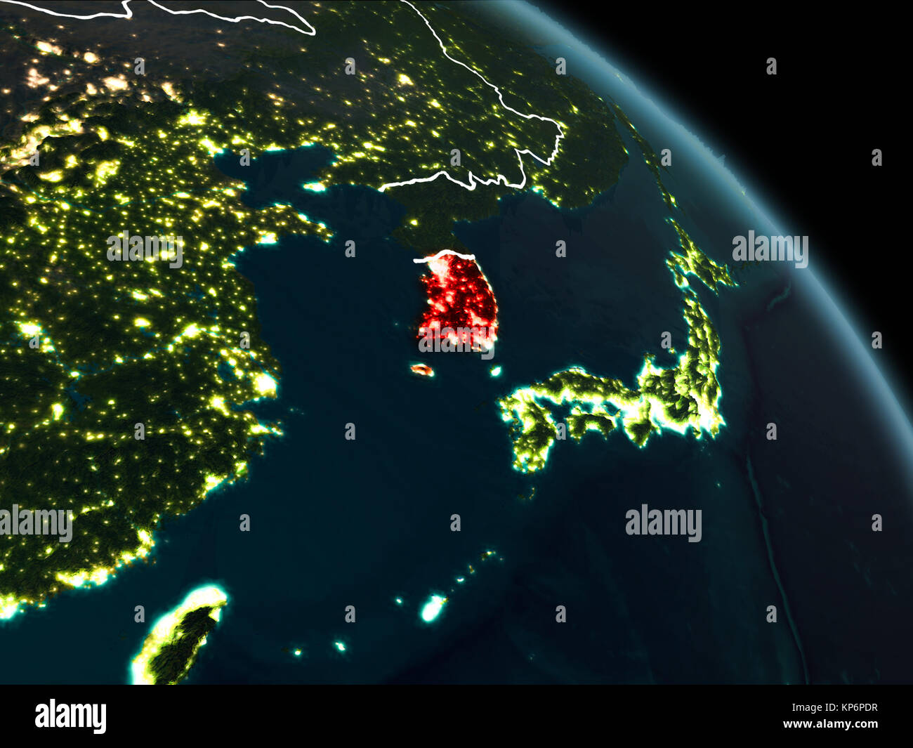 South Korea from orbit of planet Earth at night with visible ...