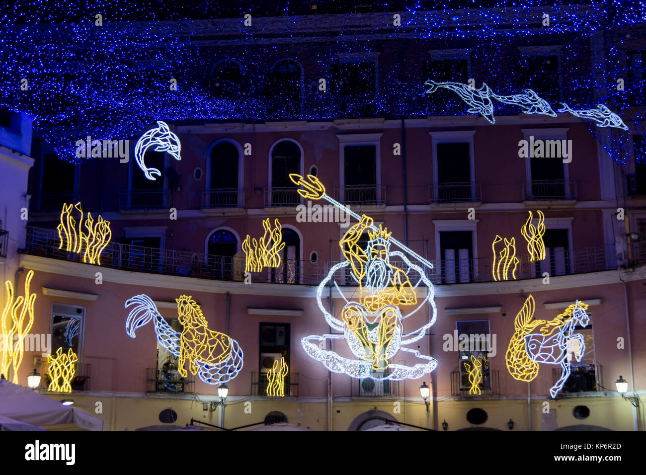 SALERNO - ITALY, December 13, 2017: Christmas lights during the event Luci d 'artista, sealife theme. God Neptune, sirens and dolphins are represented  Stock Photo - Alamy