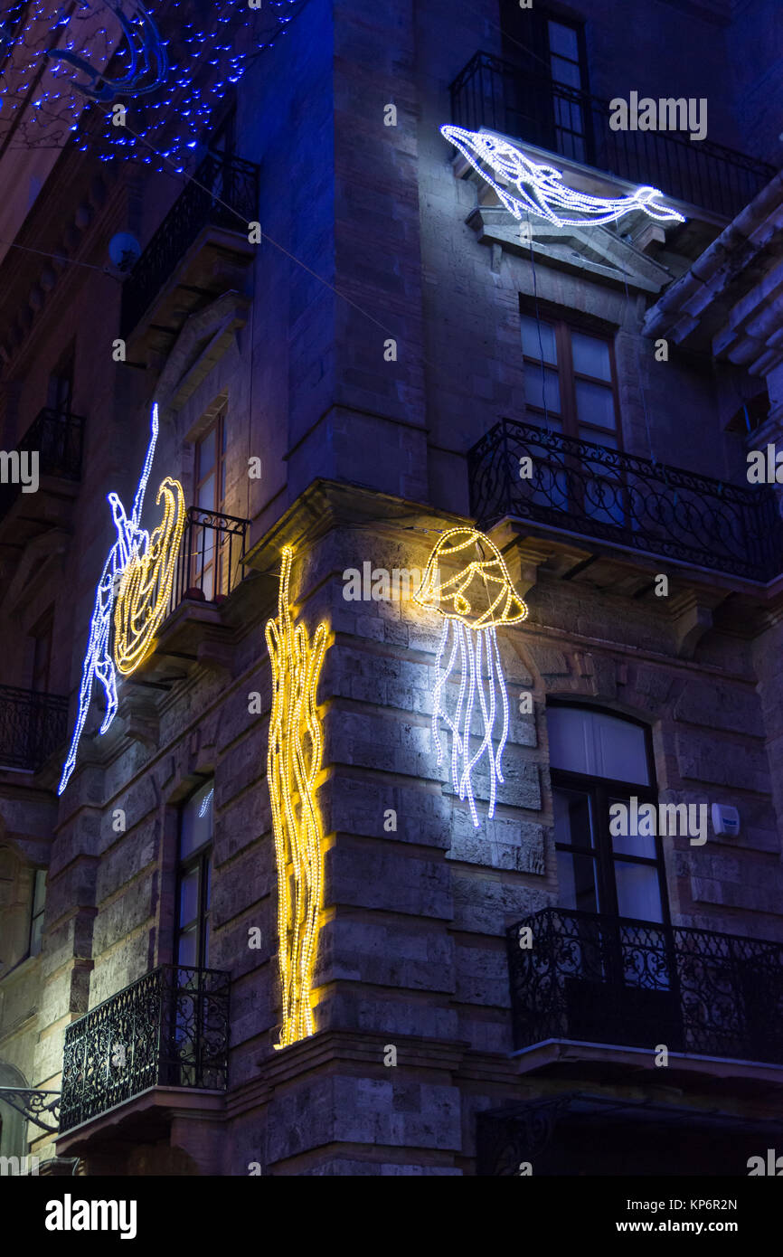 SALERNO - ITALY, December 13, 2017: Christmas lights during the event Luci d'artista, sealife theme. Sea creatures represented on a building corner Stock Photo