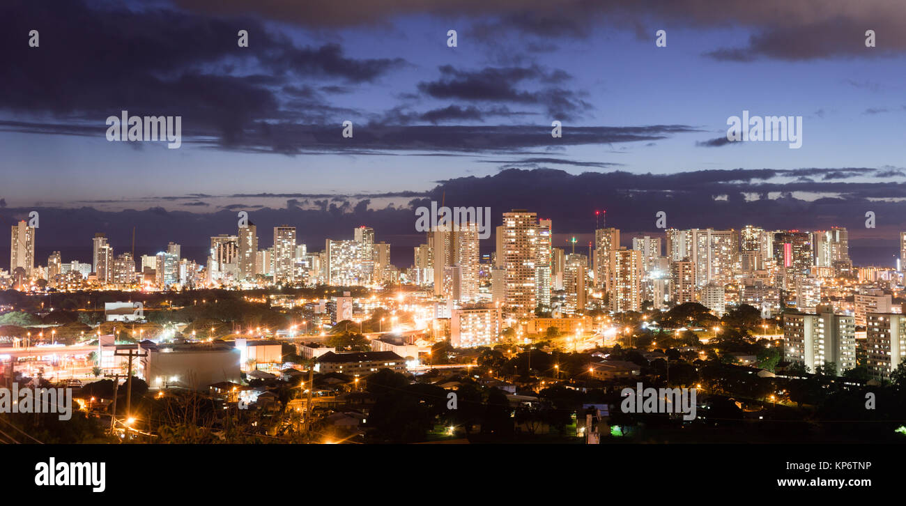 Night Falls Honolulu Downtown City Skyline Metropolis Hawaii United States Stock Photo