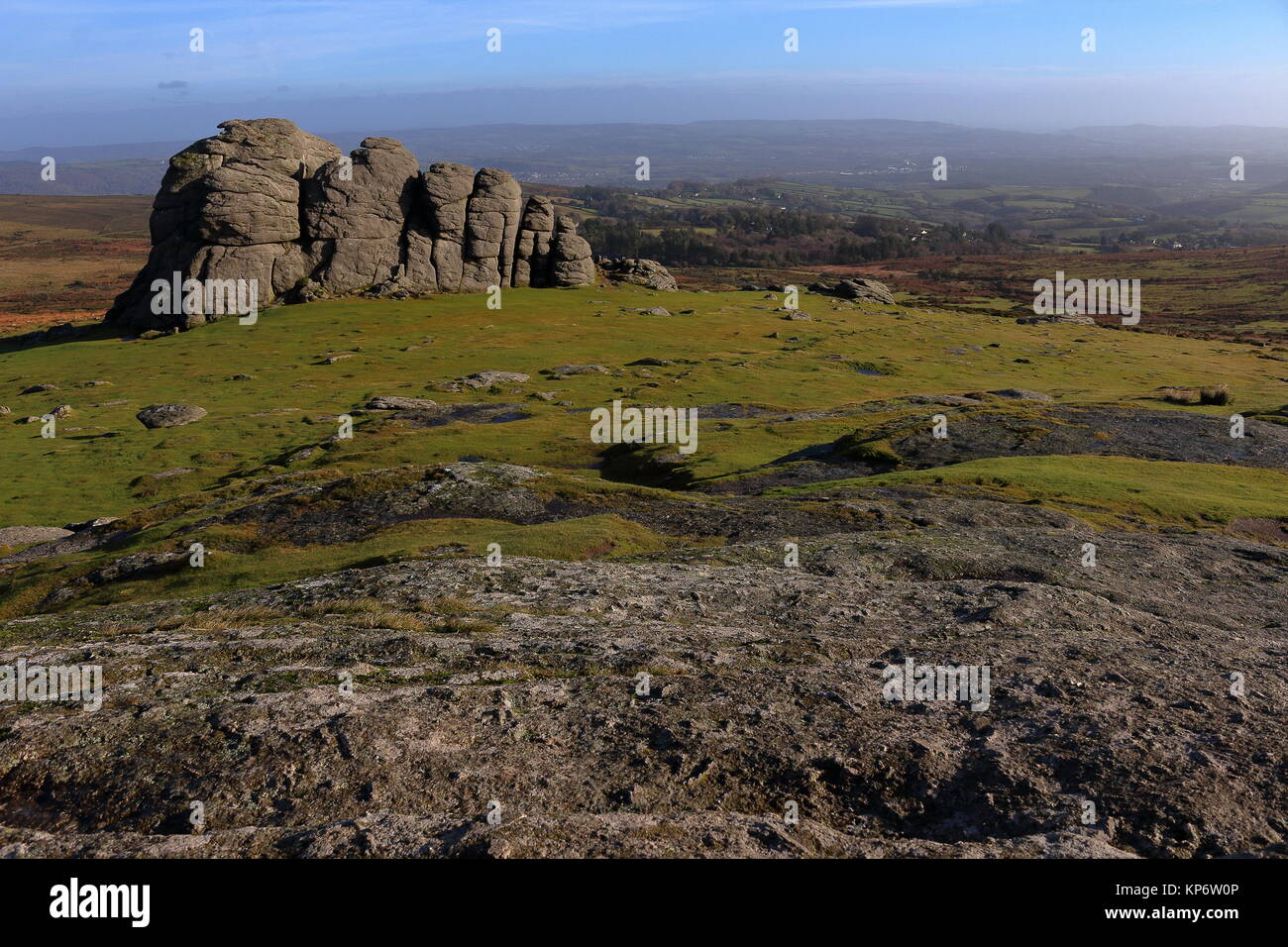 Looking over the granite outcrop of Haytor towards its larger eastern outcrop. Dartmoor National Park, Devon, UK. Dec 2017. Stock Photo