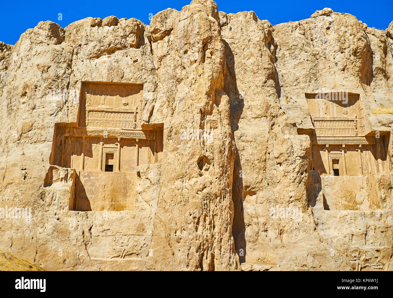 The monumental mausoleums of ancient Persian Kings are cut in Hossein Mount, Naqsh-e Rustam archaeological site, Iran. Stock Photo