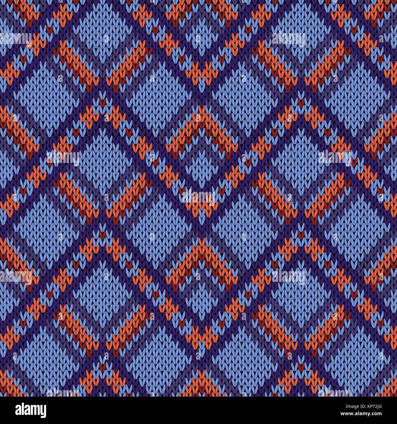 Geometric seamless ornamental knitted vector pattern mainly in blue and ...