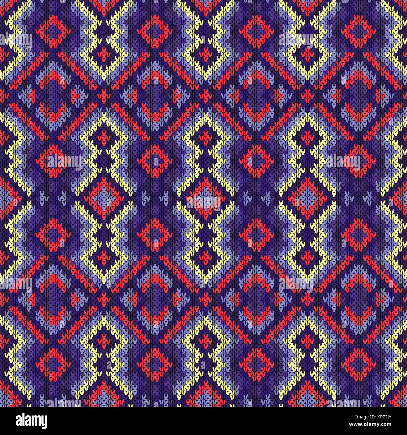 Geometric seamless ornamental knitted vector pattern mainly in violet ...