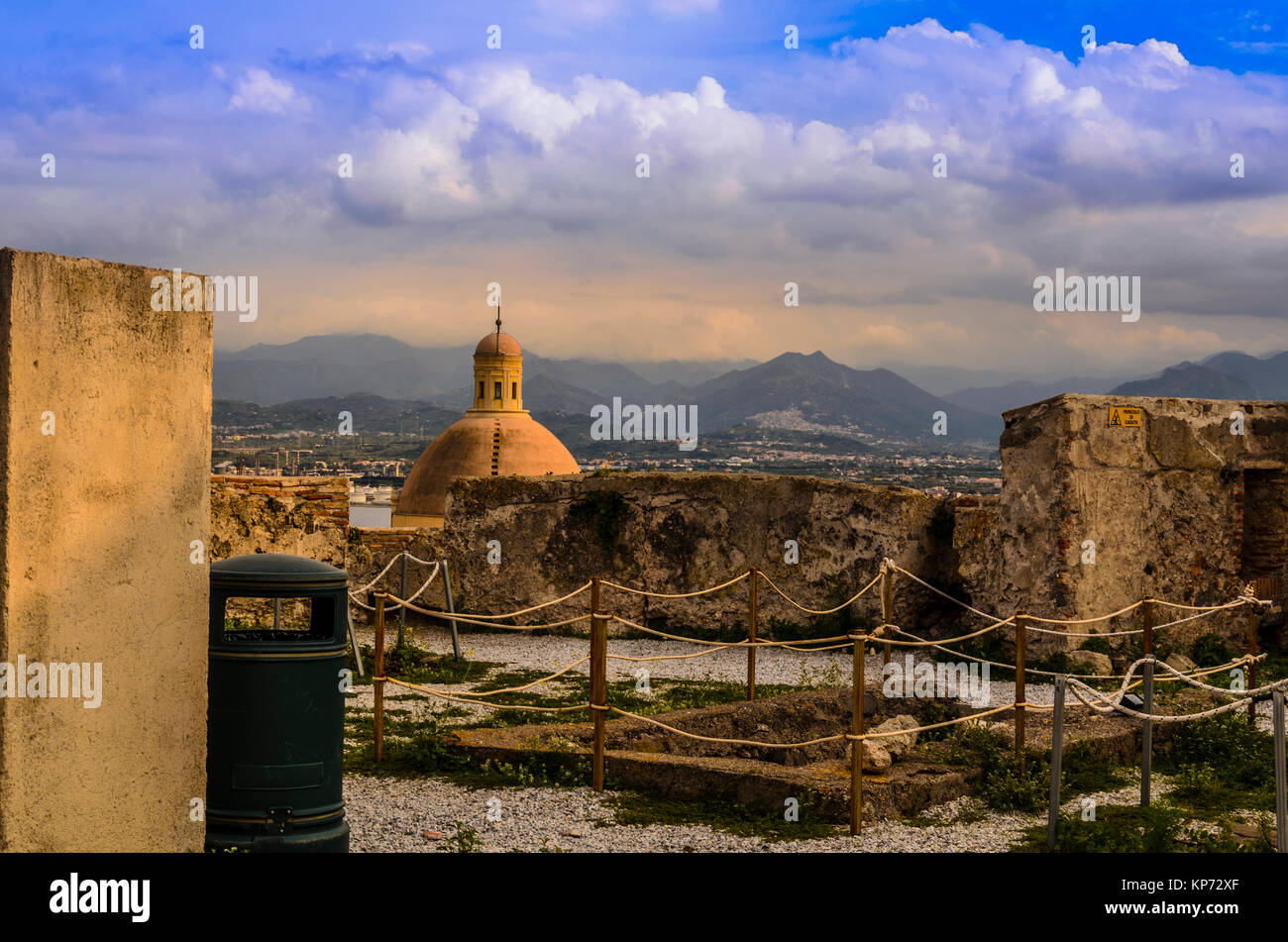 Mountainous landscape of sicily with church dome from the defenses of the norman castle of milazzo Stock Photo