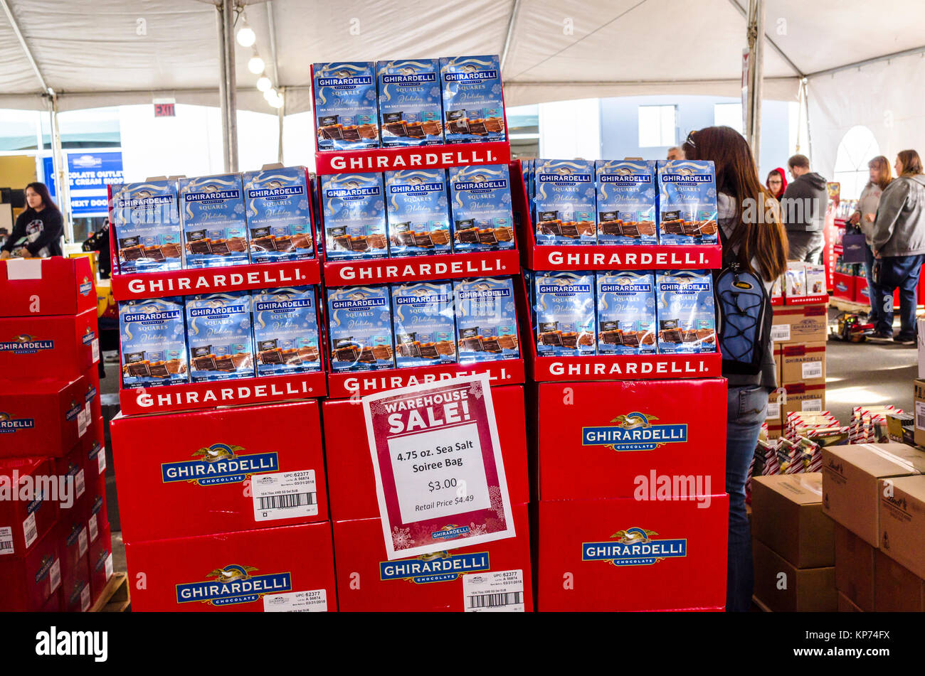 A Christmas tent sale at the Ghirardelli Chocolate factory and outlet