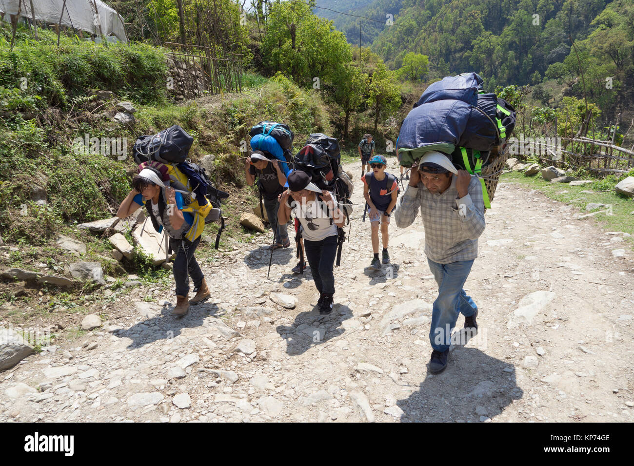 Nepalese porters hauling trekker's bags uphill on the Annapurna sanctuary trek. Stock Photo