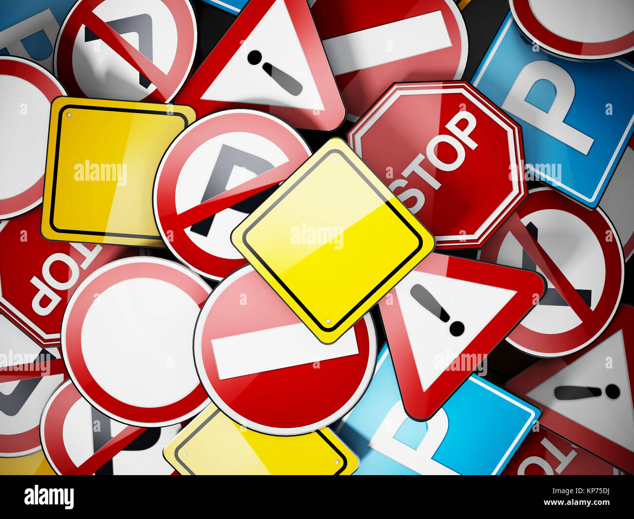 Shiny multi colored traffic signs background. 3D illustration Stock