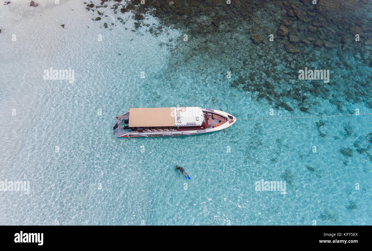 Aerial view of a speedboat traveling on tropical beach Stock Photo