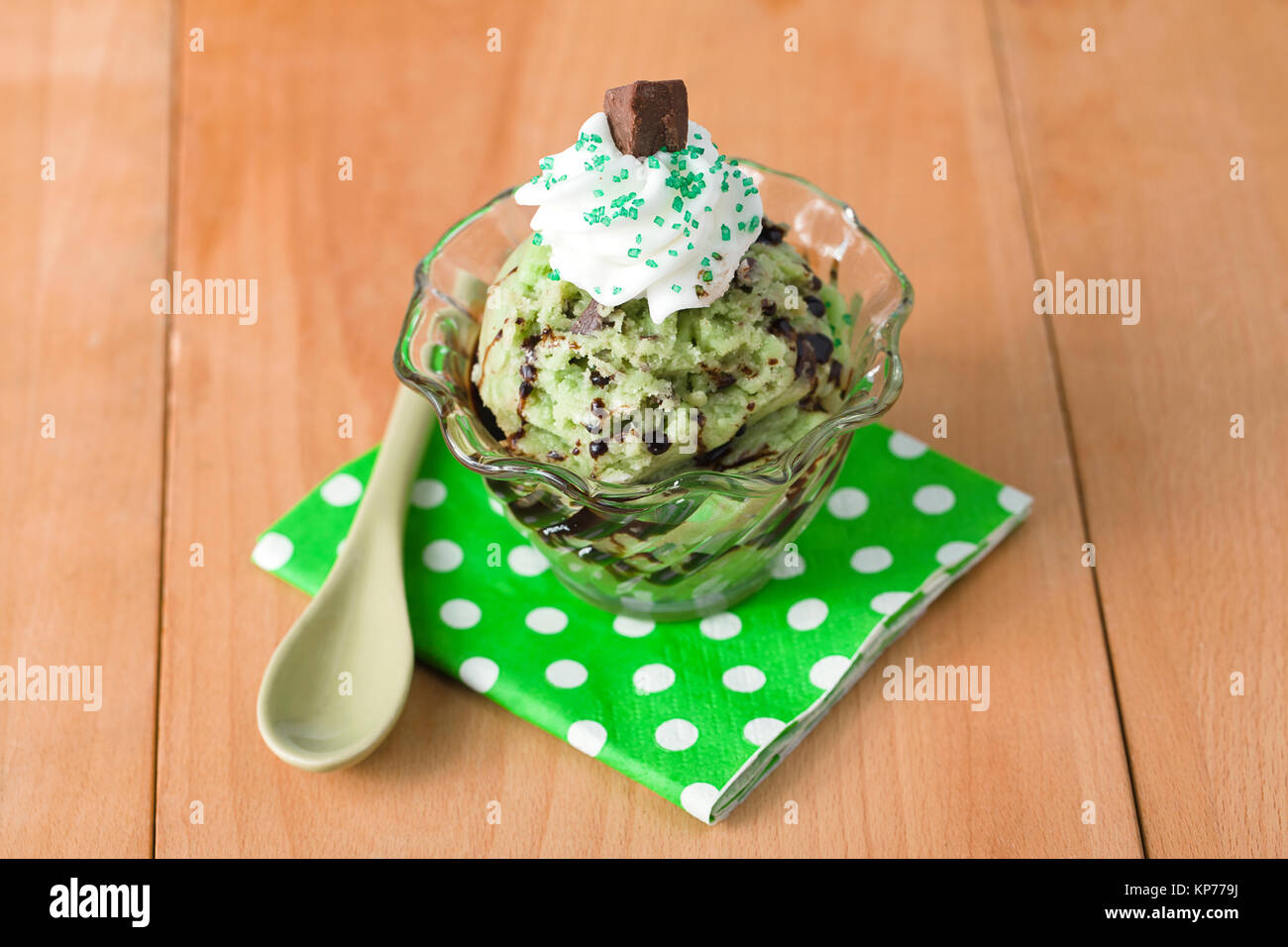 a bowl of mint ice cream with chocolates Stock Photo Alamy