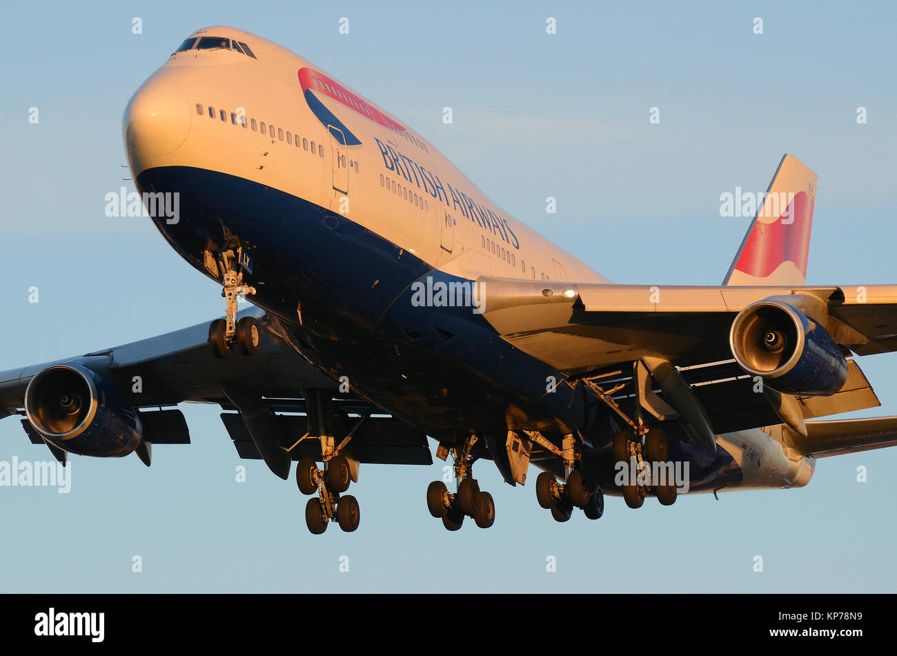 British Airways Boeing 747 -400 Jumbo Jet plane G-BNLY  landing at London Heathrow Airport, UK Stock Photo