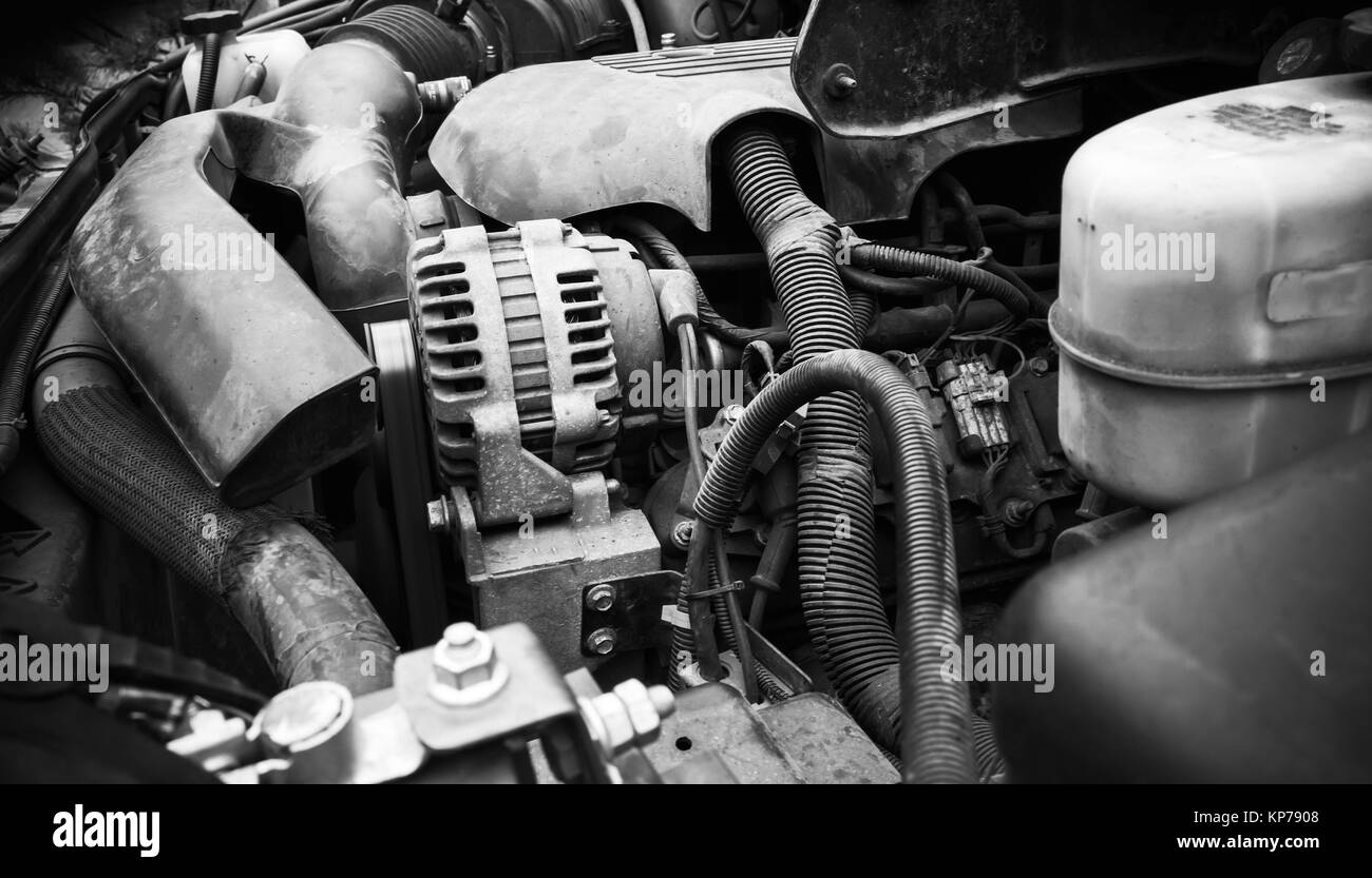 SUV motor, sport utility vehicle car engine, black and white photo Stock Photo