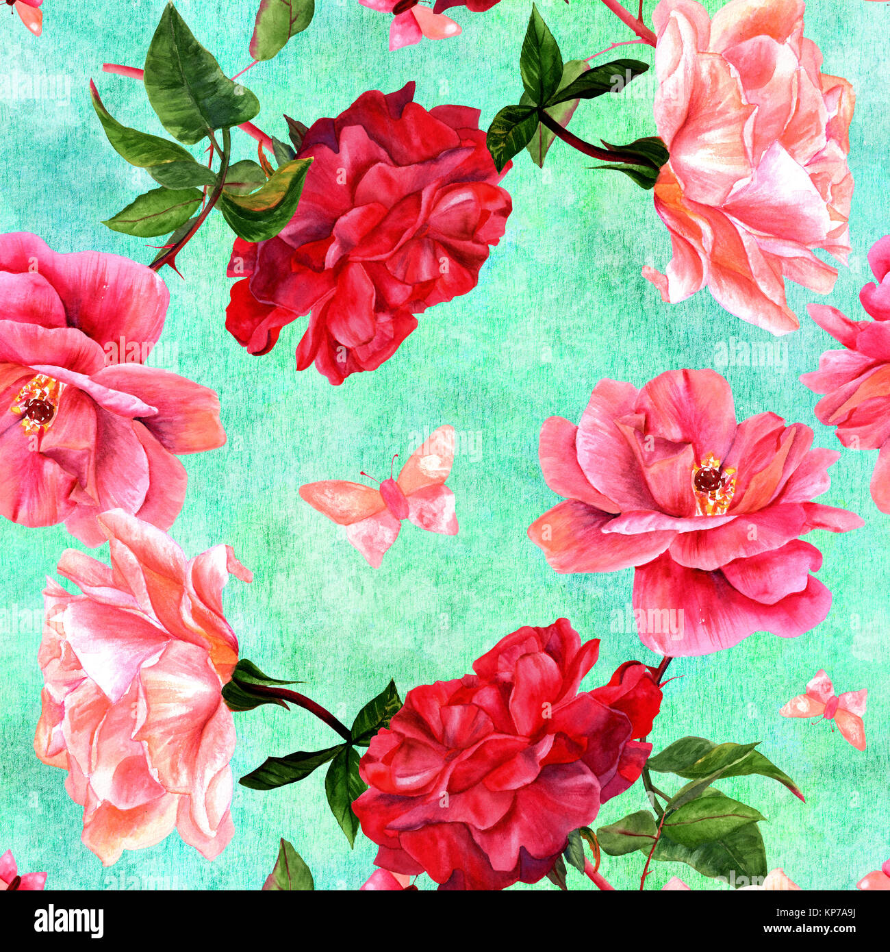 Seamless pattern of watercolor flowers and butterflies on teal Stock ...