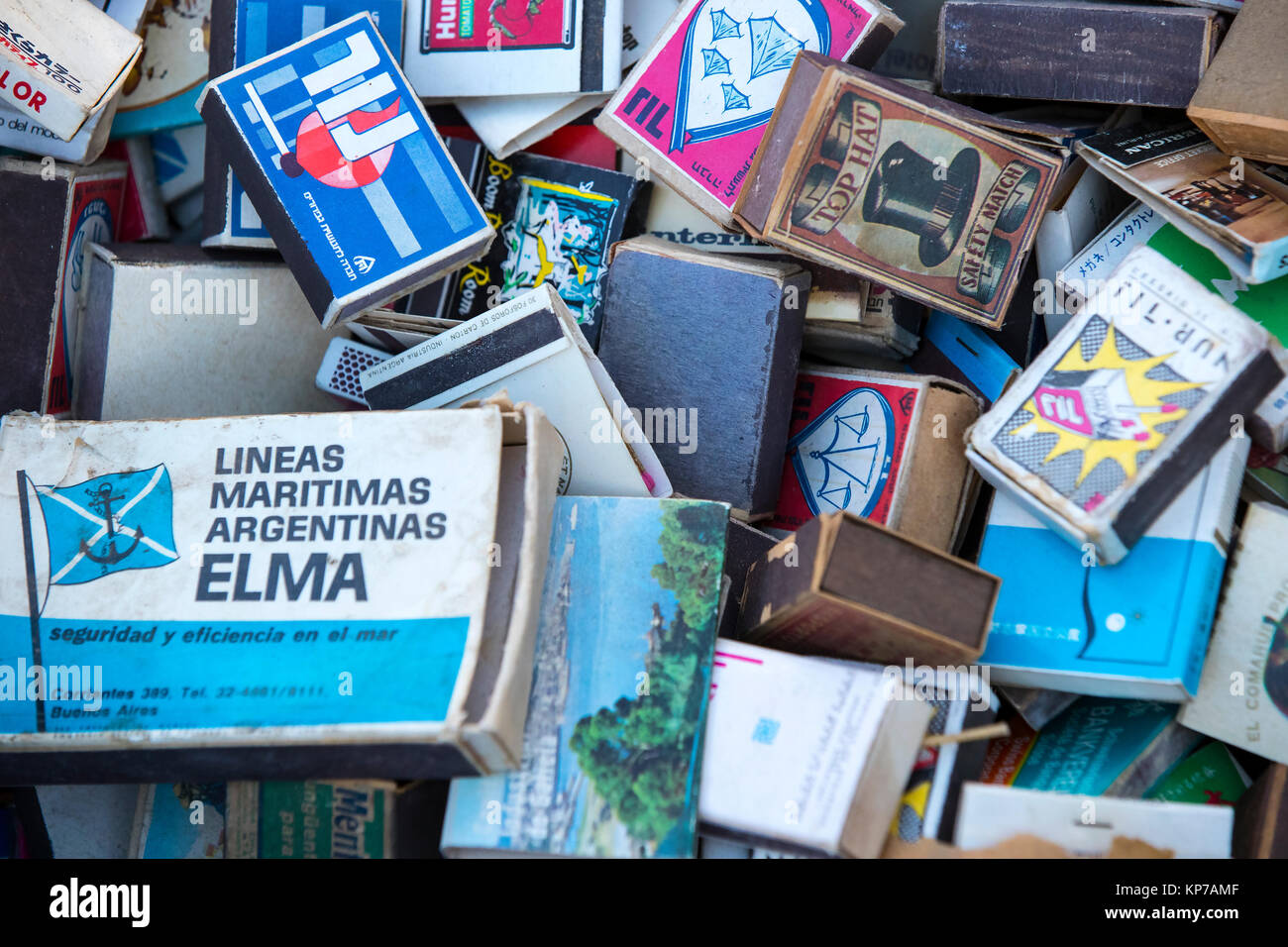TEL AVIV-JAFFA, ISRAEL - 24 NOVEMBER 2017:Collection of matchboxes on the shelves of the antique market Stock Photo