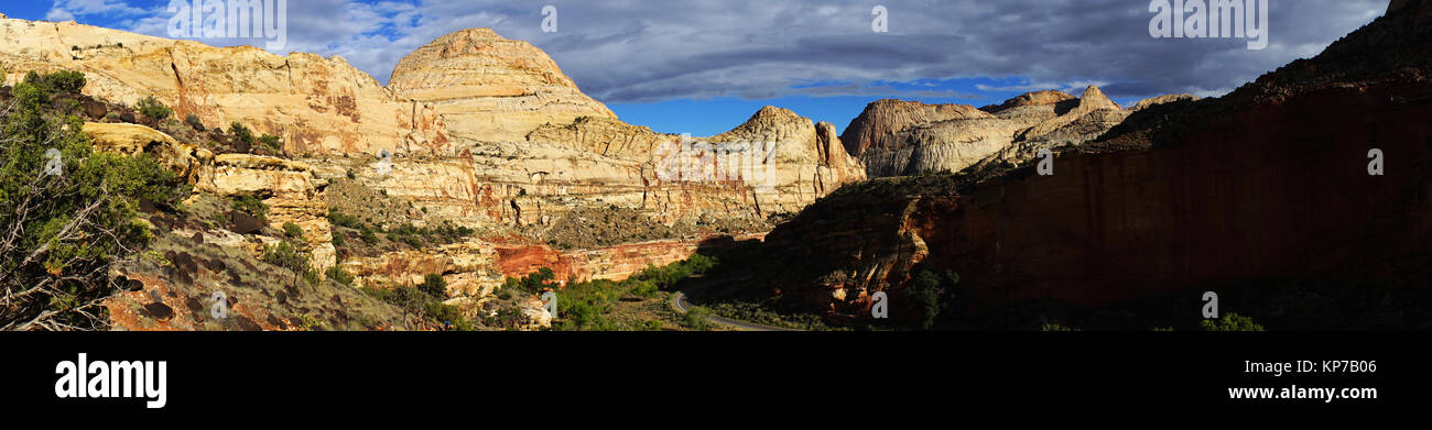 Panorma view toward Capitol Dome from near Hickman Bridge with Utah State Road 24, Capitol Reff National Park, Utah, USA Stock Photo