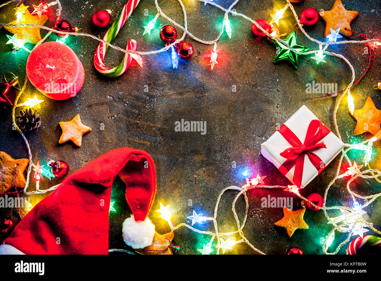 Christmas dark blue background with christmas garland, decorations