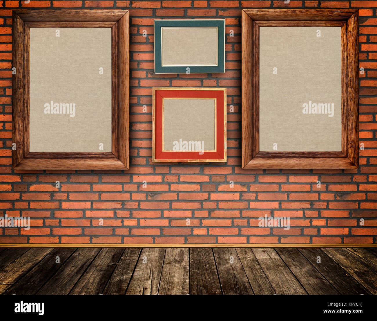 Old-fashioned frames on a bricks wall and old wooden floor. Natural material for the design. Stock Photo